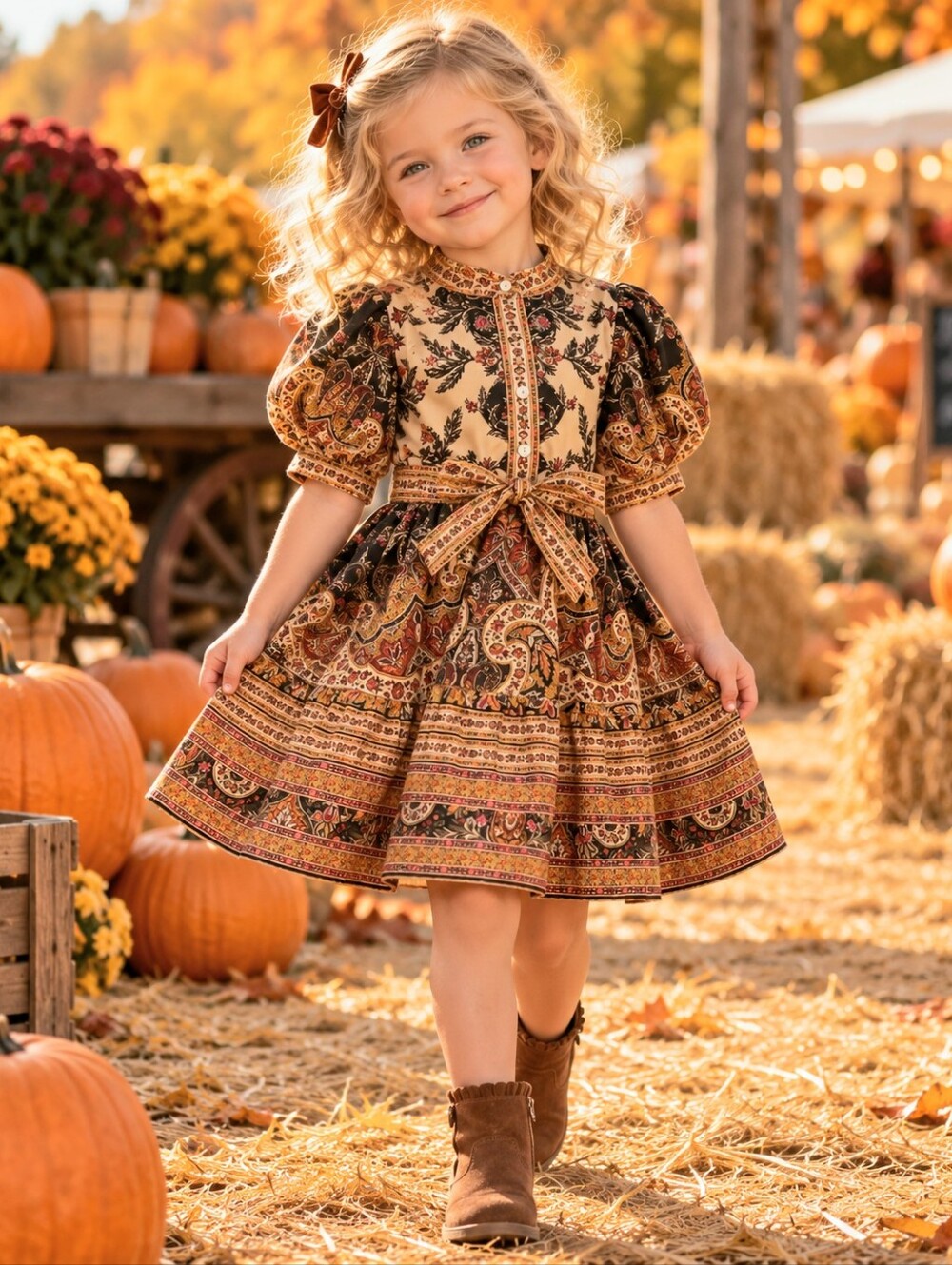 A Loves A Paisley Print Puff-Sleeve Dress in Beige & Brown 100% Cotton Fall EUC